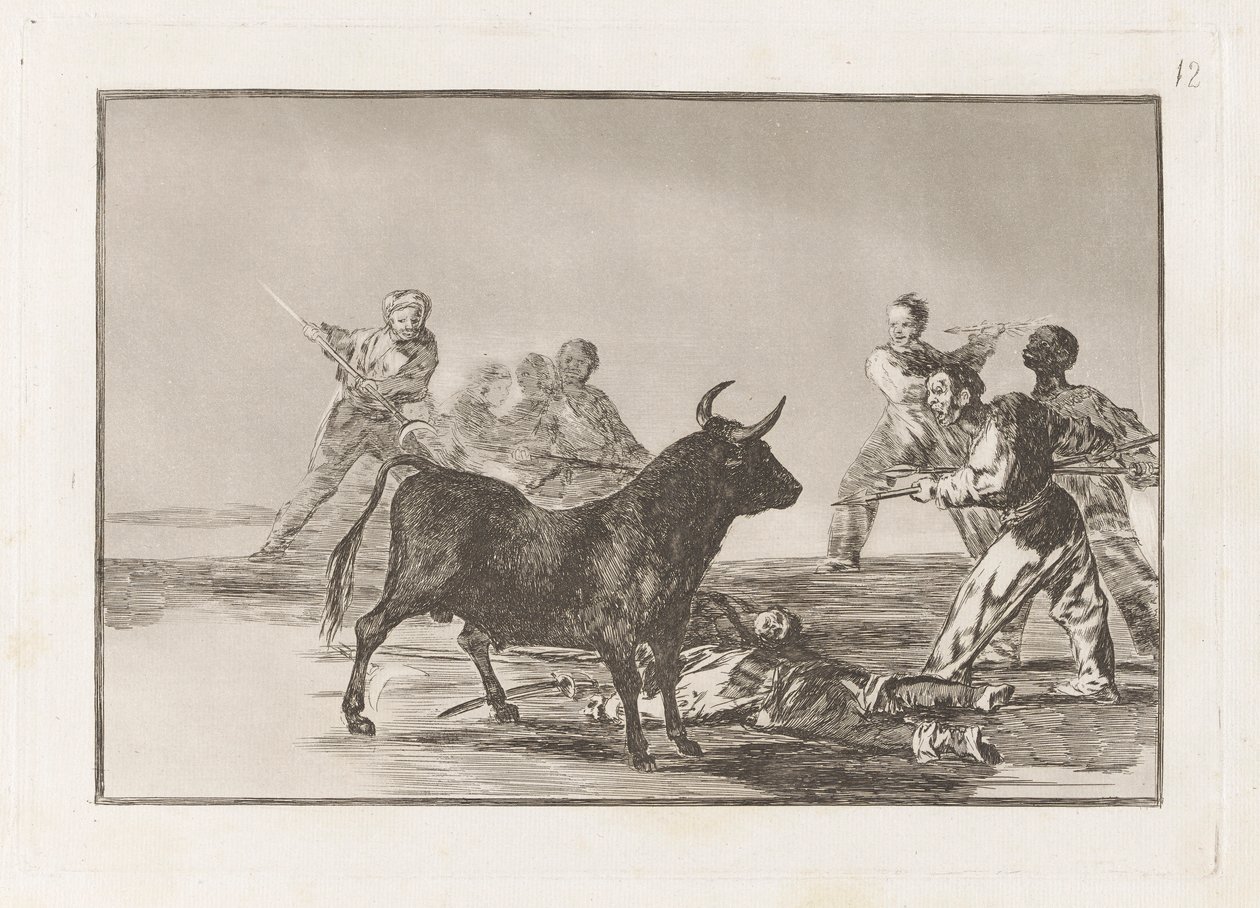 Desjarrete de la canalla con lanzas, medias-lunas, banderillas y otras armas, Tavola 12 da La tauromachia da Francisco de Goya