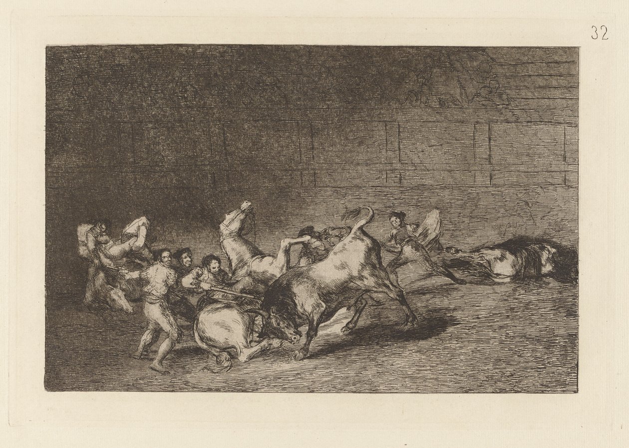 Due gruppi di picadores arrotolati di seguito da un solo toro, Tavola 32 da La tauromaquia da Francisco de Goya