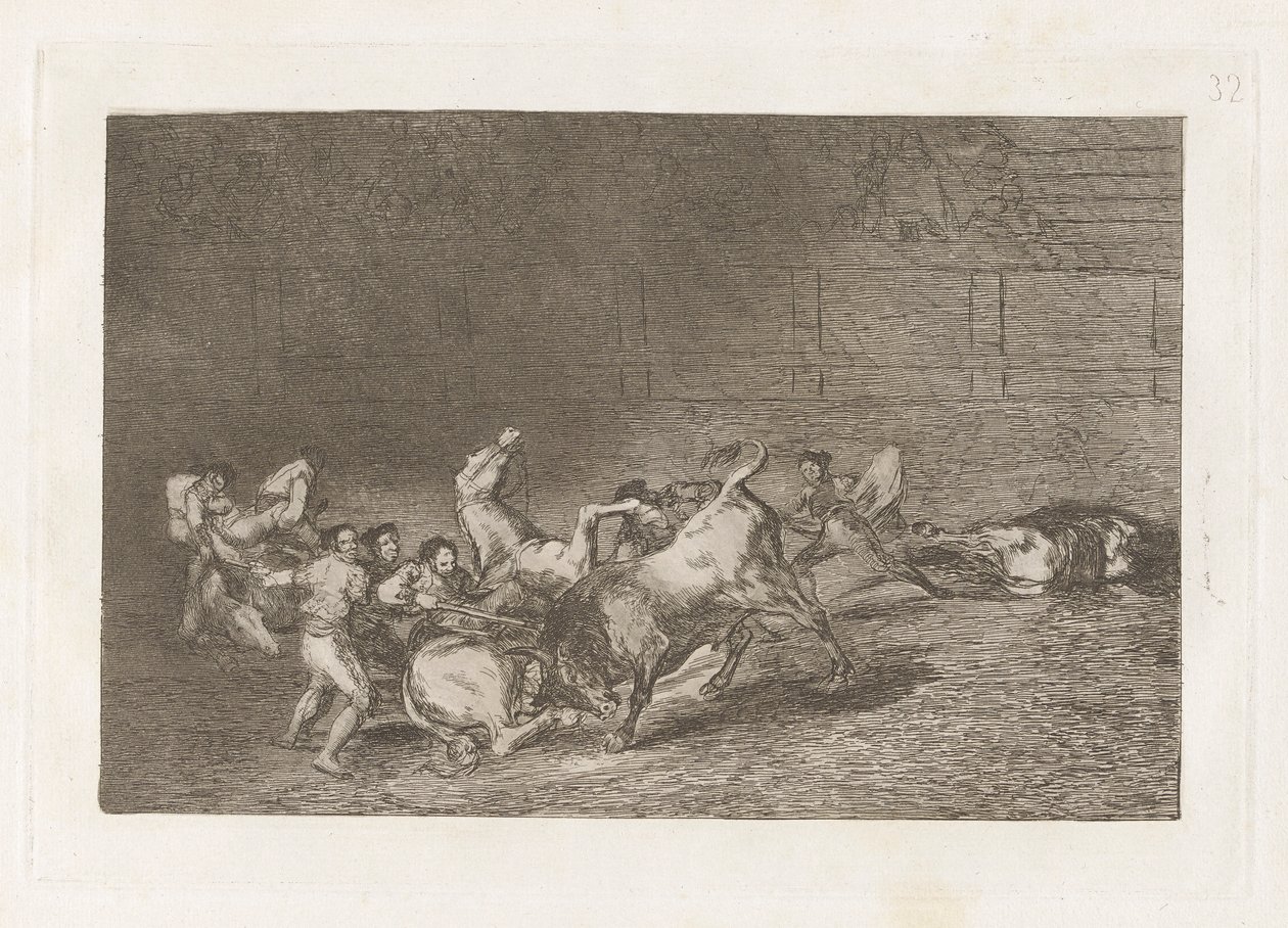 Dos grupos de picadores arrolados de seguida por un solo toro, Tavola 32 da La tauromaquia da Francisco de Goya