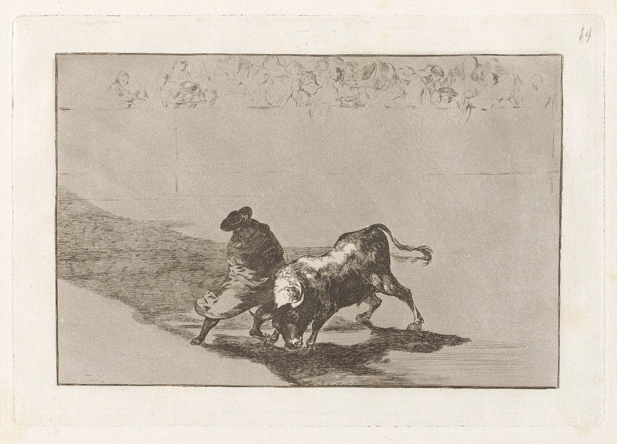 Il molto abile studente di Falces, avvolto nel suo mantello, inganna il toro con i movimenti del suo corpo, Tavola 14 da La tauromachia da Francisco de Goya