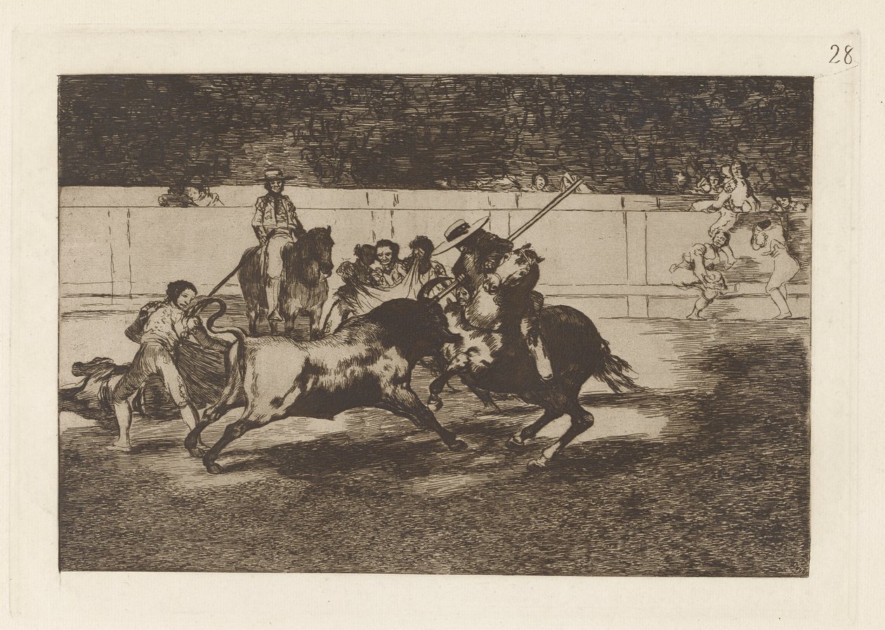 El esforzado Rendon picando un toro, de cuya suerte muri? en la plaza de Madrid, Tavola 28 da La tauromaquia da Francisco de Goya