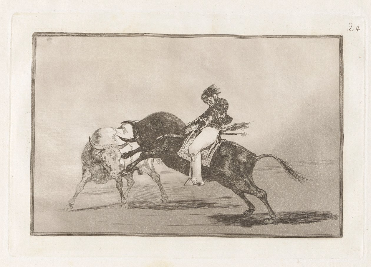 El mismo Ceballos montado sobre otro toro quiebra rejones en la plaza de Madrid, Tavola 24 da La tauromaquia da Francisco de Goya