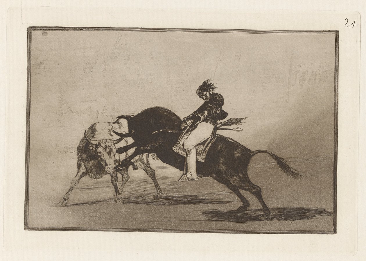 El mismo Ceballos montado sobre otro toro quiebra rejones en la plaza de Madrid, Piastra 24 da La tauromaquia da Francisco de Goya