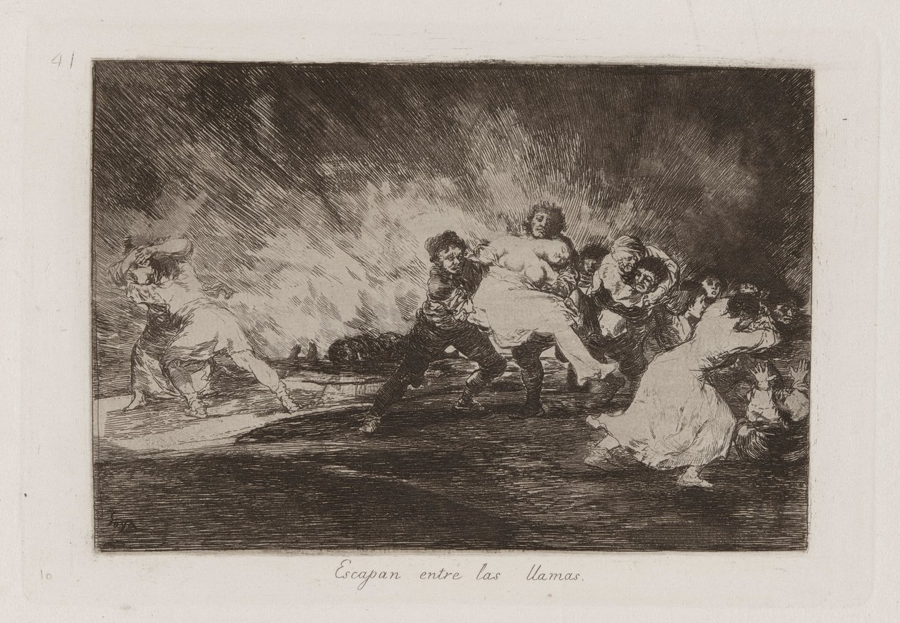 Escapan entre las llamas (Scappano tra le fiamme), tav. 41 dalla serie Los desastres de la guerra (I disastri della guerra) da Francisco de Goya