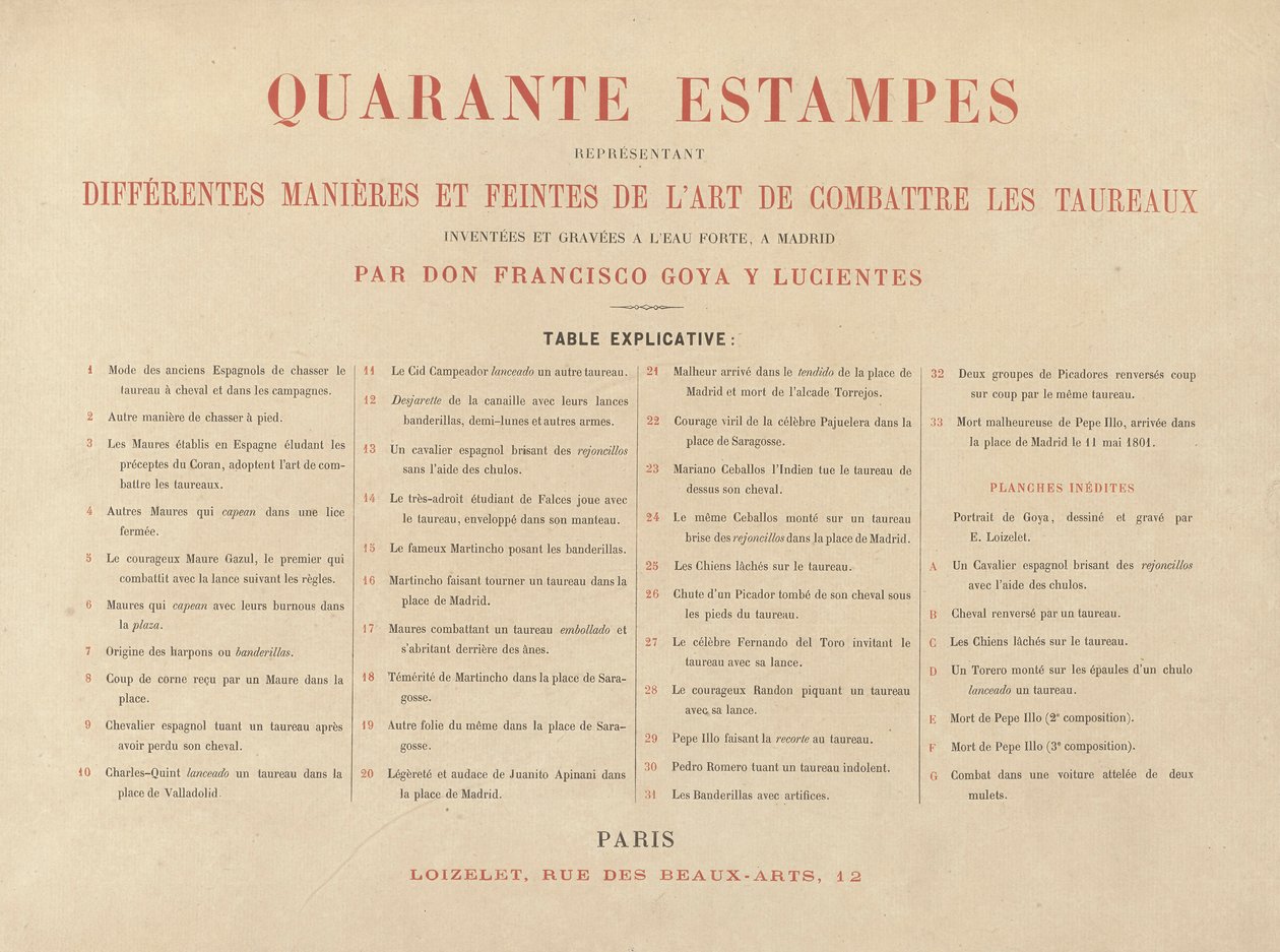 Foglio esplicativo, da La tauromachia (Terza Edizione) da Francisco de Goya