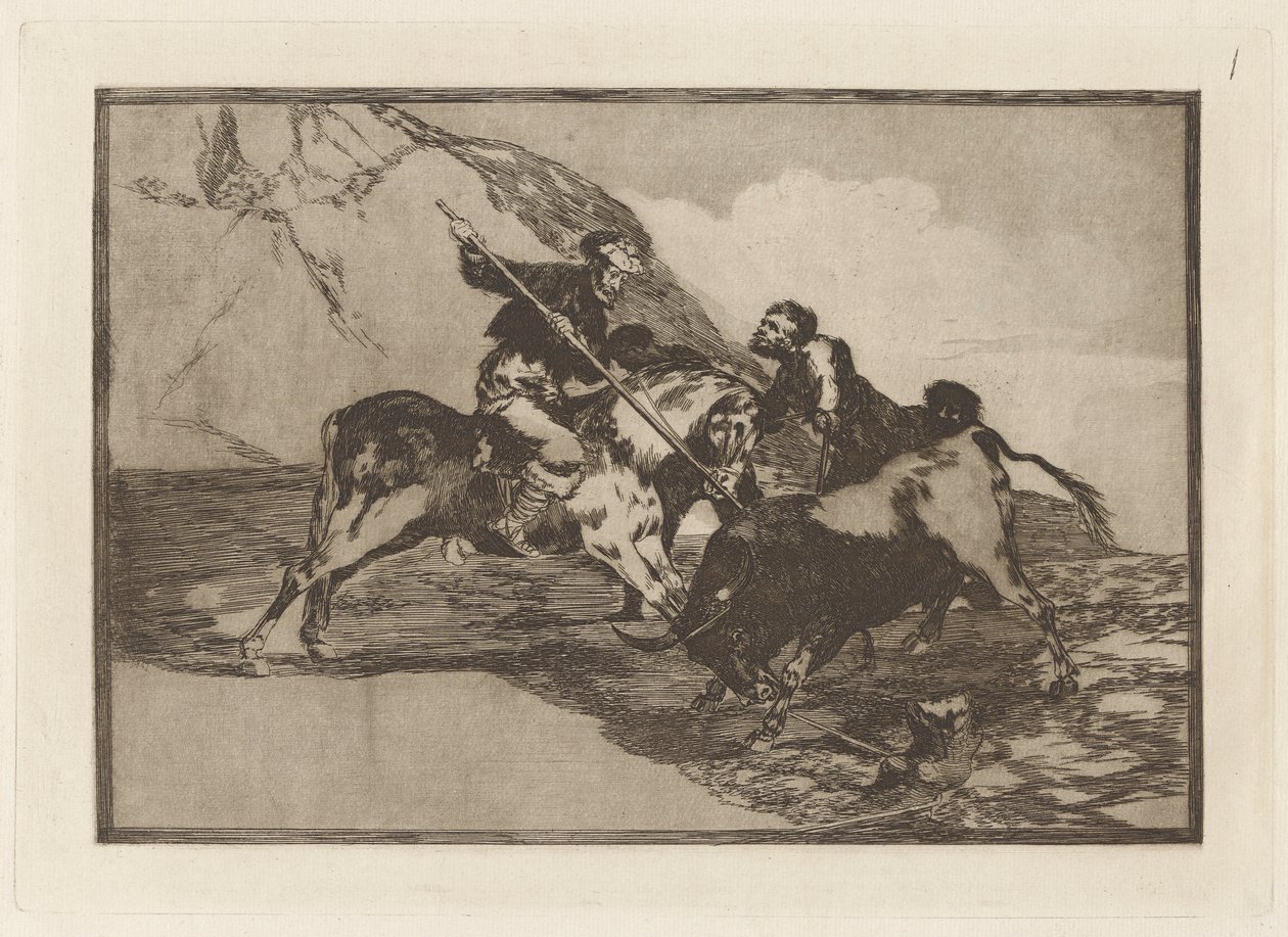 Modo con cui gli antichi spagnoli cacciavano i tori a cavallo in campagna, Tavola 1 da La tauromachia da Francisco de Goya