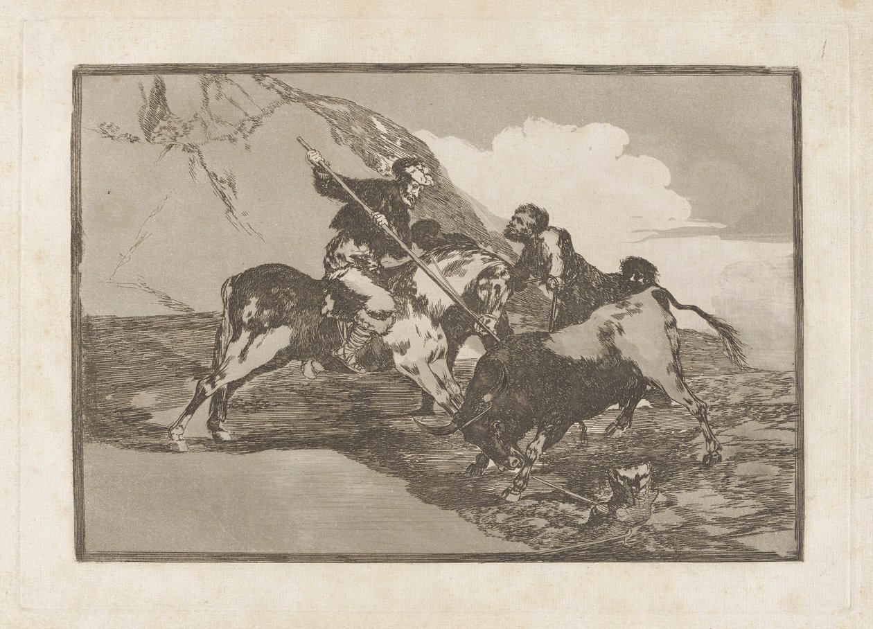 Modo con cui gli antichi spagnoli cacciavano i tori a cavallo in campo aperto, Tavola 1 da La tauromachia da Francisco de Goya