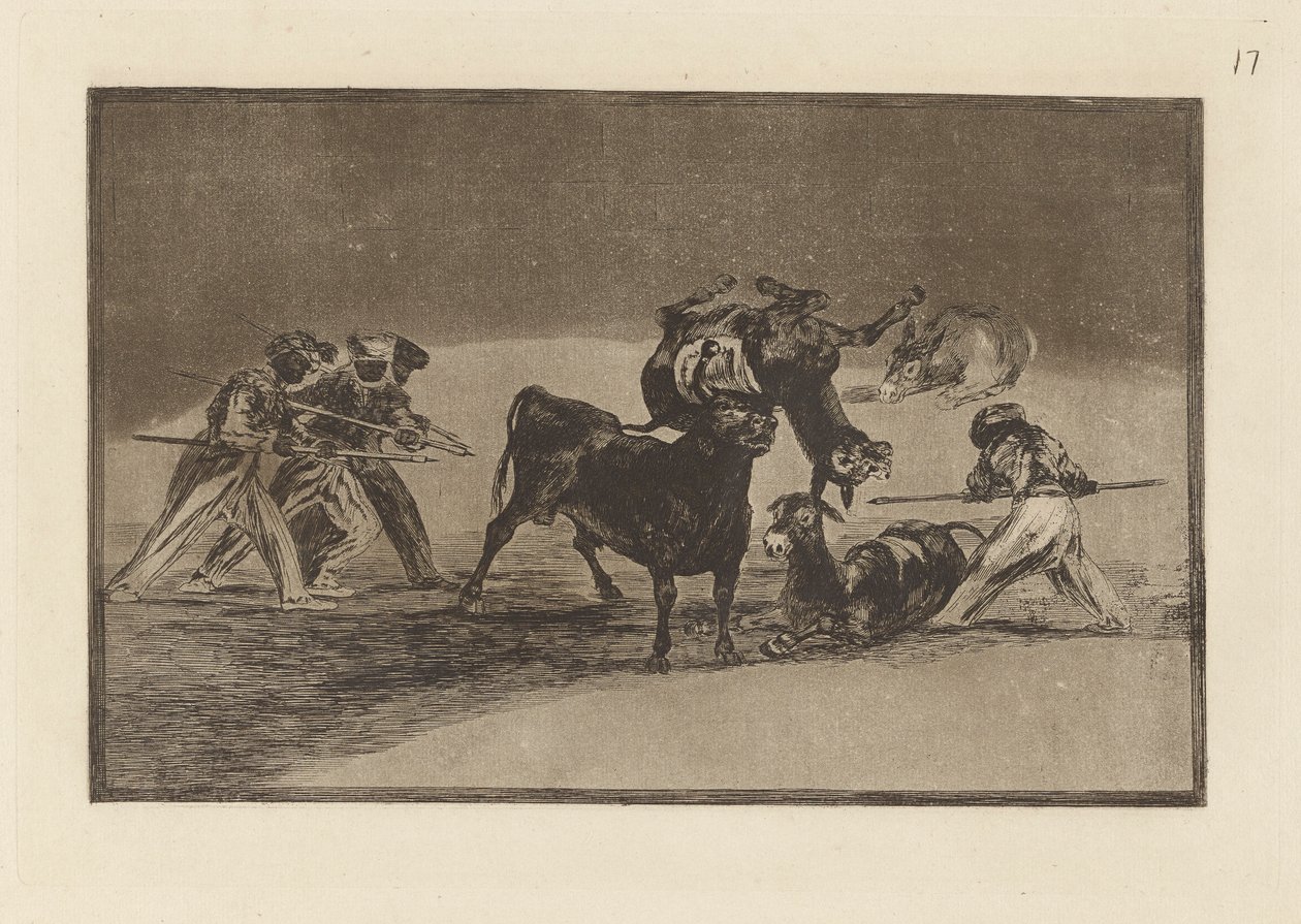 I Mori usano asini come barriera per difendersi dal toro con le corna coperte di palle, Tavola 17 da La tauromachia da Francisco de Goya