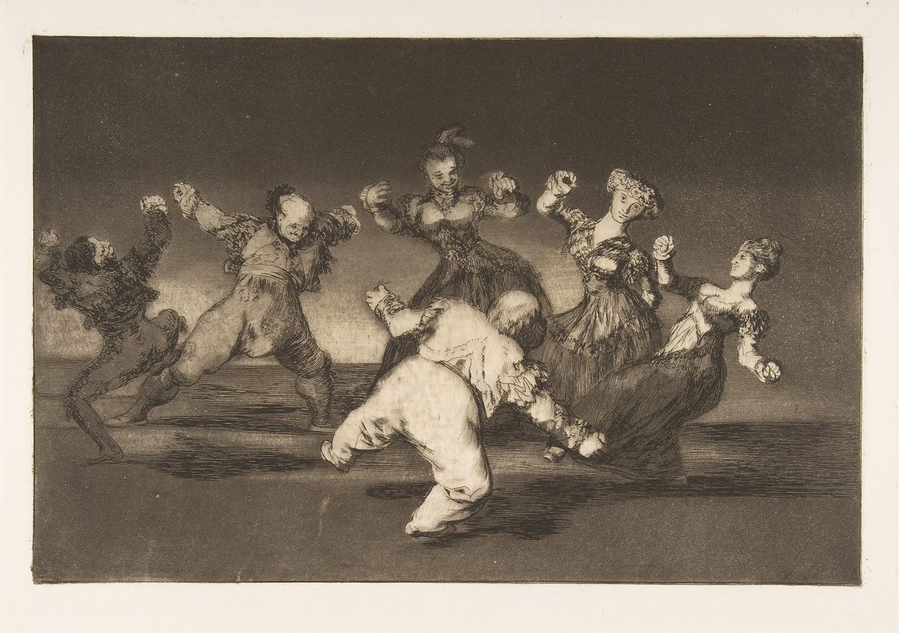 Piatto 12 dai Disparates: Se Marion ballerà, allora lei ha..., ca. 1816-23 pubblicato 1864 da Francisco de Goya