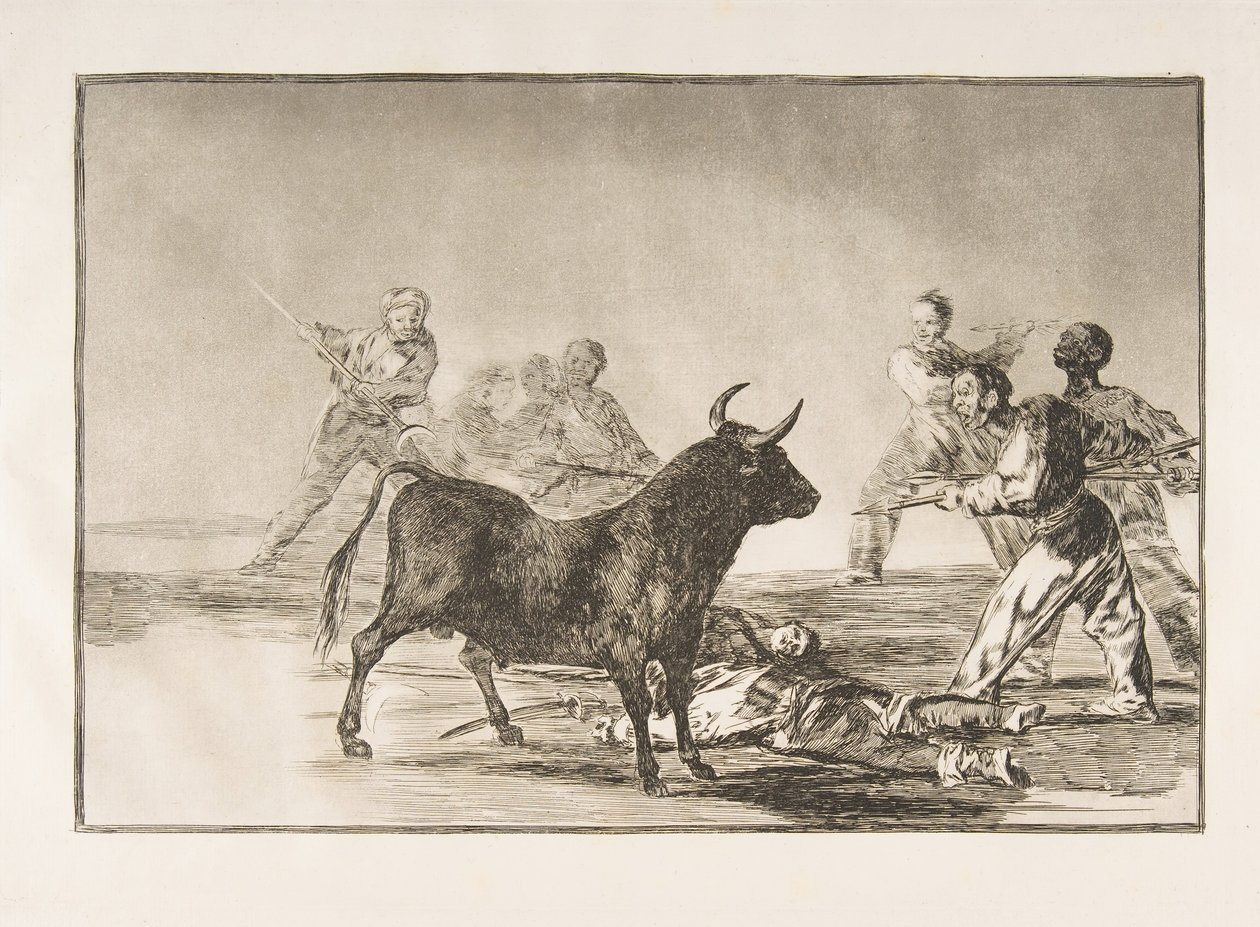 Tavola 12 dalla Tauromachia: La folla taglia i tendini del toro con lance, falcetti, bande..., 1816 da Francisco de Goya
