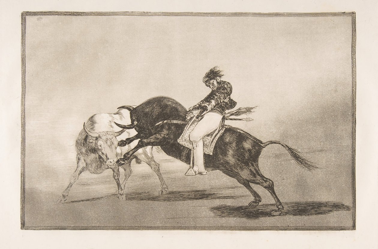 Tavola 24 della Tauromachia: Lo stesso Ceballos montato su un altro toro spezza una corta lancia da Francisco de Goya
