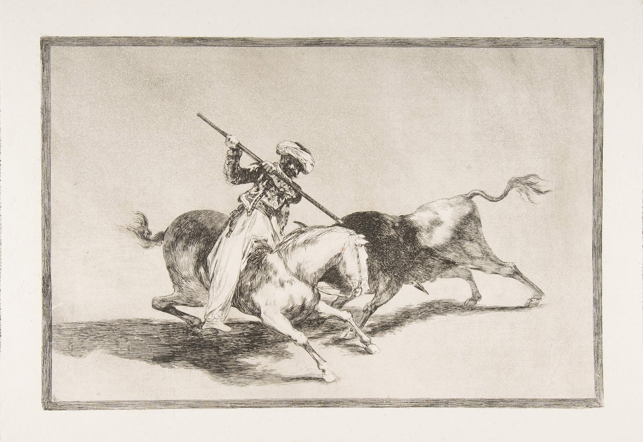 Tavola 5 da La Tauromachia: Il vivace Moro Gazul è il primo a infilzare i tori accord..., 1816 da Francisco de Goya