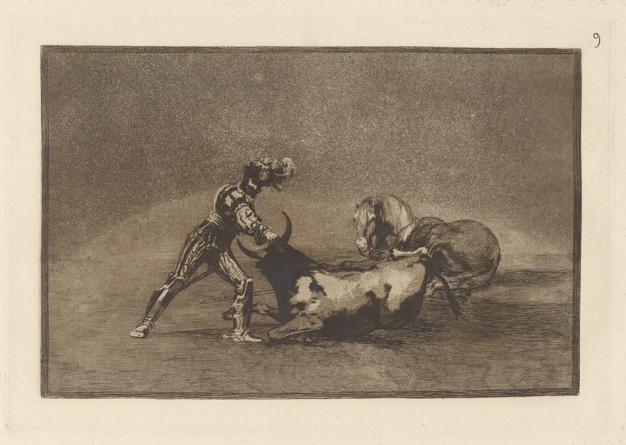 Un cavaliere spagnolo uccide un toro dopo aver perso il cavallo, Tavola 9 da La tauromachia da Francisco de Goya