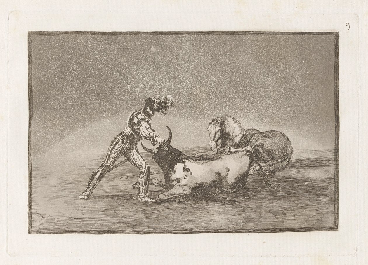 Un cavaliere spagnolo uccide un toro dopo aver perso il cavallo, Tavola 9 da La tauromachia da Francisco de Goya