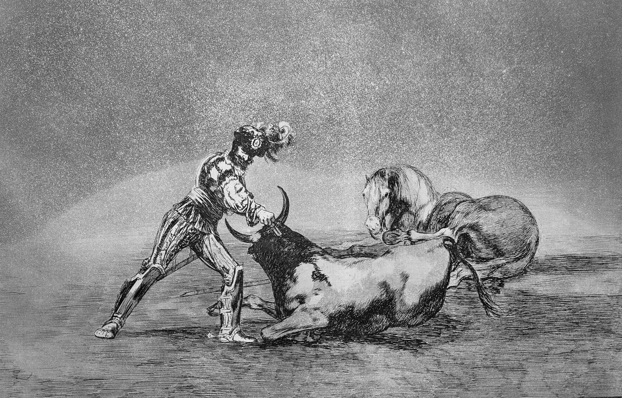 Un cavaliere spagnolo uccide il toro dopo aver perso il cavallo, tavola 9 di 