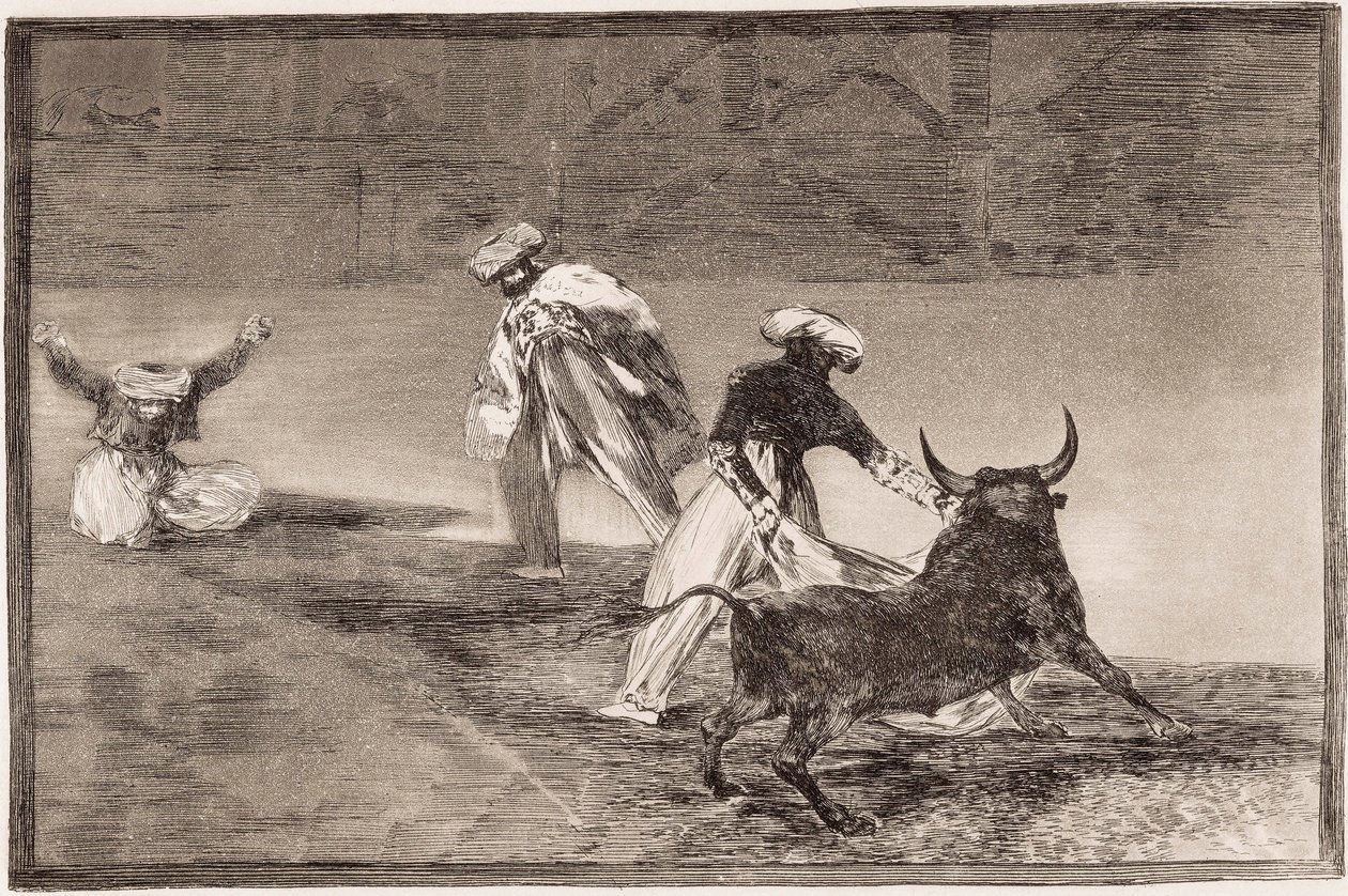 Corrida: I Mori giocano con il mantello con un altro toro in un recinto da Francisco de Goya