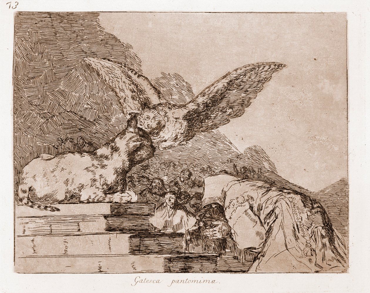 I disastri della guerra: Pantomima del gatto (incisione da disegno preparatorio) da Francisco de Goya
