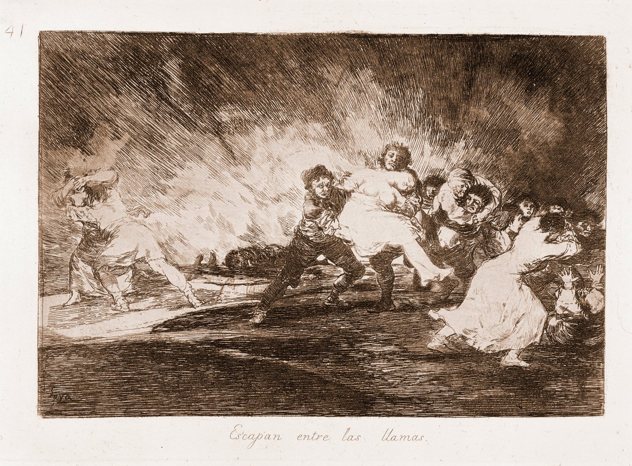 I disastri della guerra: Scappano tra le fiamme (incisione da disegno) da Francisco de Goya