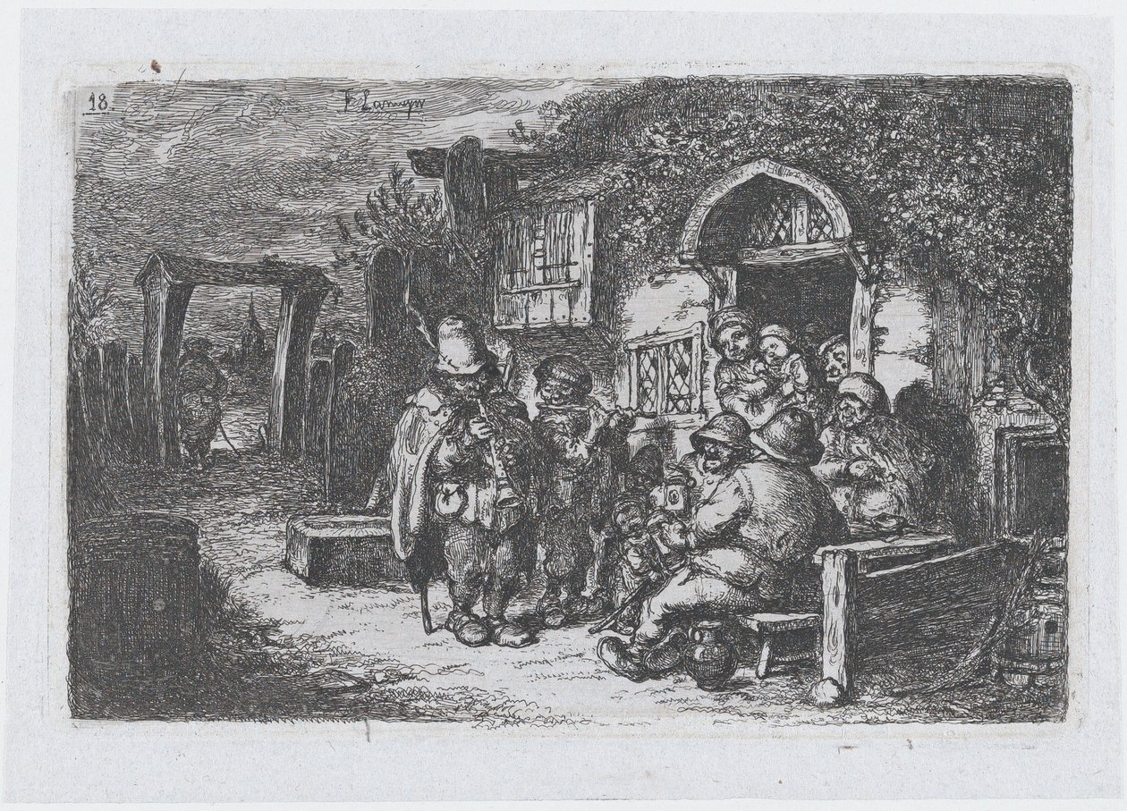Piatto 18: musicisti di strada e altre figure fuori da una taverna, dalla serie di costumi da Francisco Lameyer Berenguer