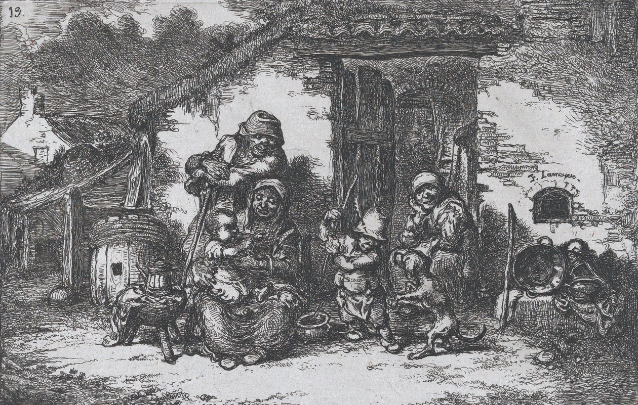 Tavola 19: una famiglia e un ragazzo che gioca con un cane fuori da una casa, dalla serie di costumi..., 1850 da Francisco Lameyer Berenguer