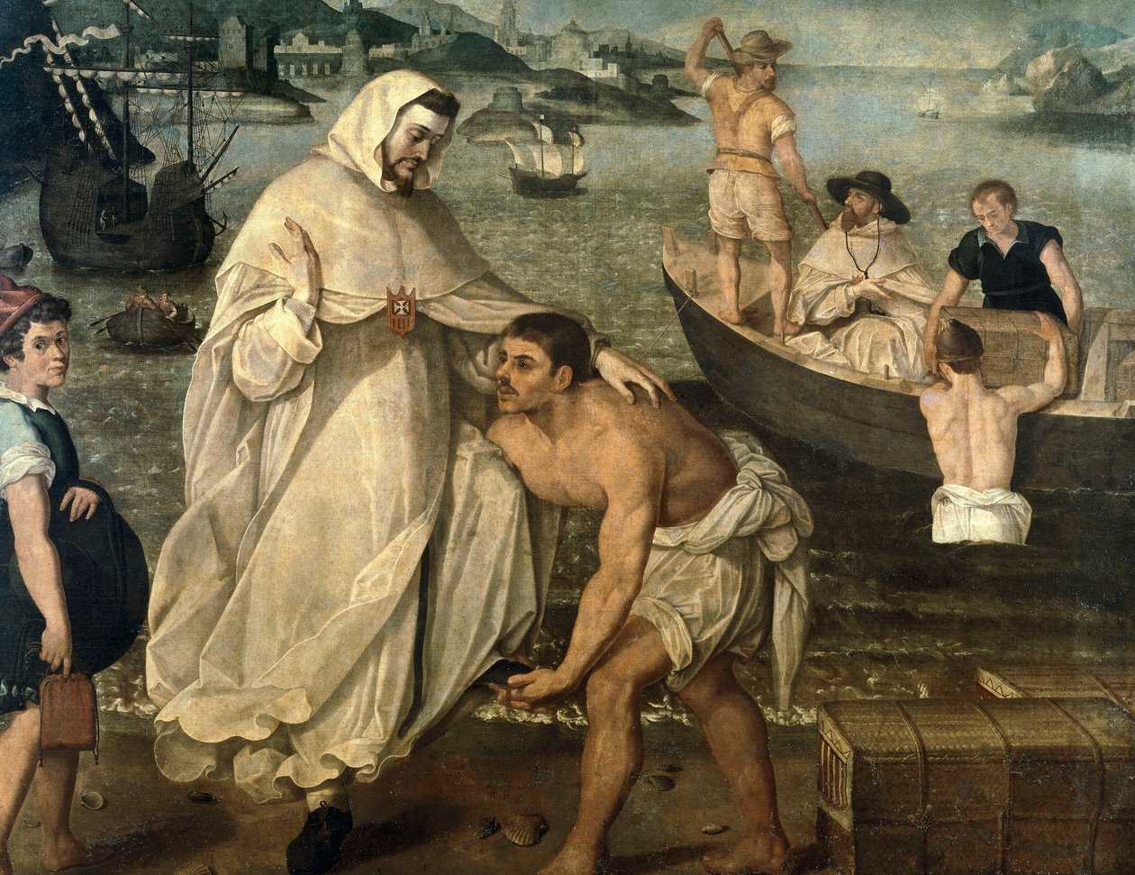 San Pietro Nolasco (1189-1256) si imbarca per liberare i prigionieri cristiani tenuti in ostaggio dai pirati moreschi per essere venduti come schiavi in Africa (dipinto) da Francisco Pacheco