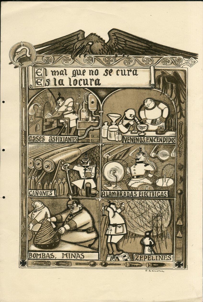 Illustrazione di Francisco Sancha Lengo - Foglio volante, circa 1915 - El mal que no se cura es la locura - Guerra del 14-18, Germania Prussia, Gas asfissiante, Lingua spagnola, Stampa estera da Francisco Sancha y Lengo