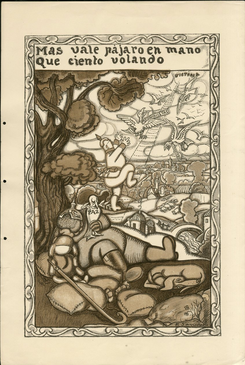 Illustrazione di Francisco Sancha Lengo (1874-1936) - Foglio volante, ca. 1915 - Mas vale pajaro en mano que ciento volando - Guerra del 14-18, Germania Prussia, Belligeranti e simboli, Vittoria, Pace, Lingua spagnola, Stampa estera da Francisco Sancha y Lengo