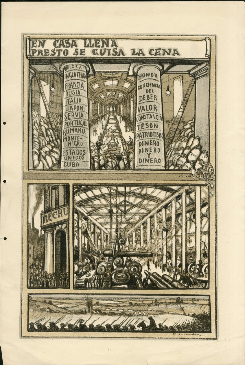 Illustrazione di Francisco Sancha Lengo - Foglio volante, circa 1915 - En casa llena presto se guisa la cena - Guerra del 14-18, Cannoni, proiettili, Fabbriche industriali, Lingua spagnola, Mobilitazione, Stampa estera da Francisco Sancha y Lengo
