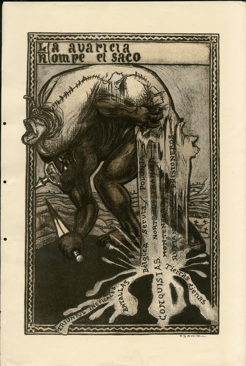 Illustrazione di Francisco Sancha Lengo - Foglio volante, circa 1915 - Guerra del 14-18, Germania Prussia, Argento, Belligeranti e simboli, Lingua spagnola, Stampa estera da Francisco Sancha y Lengo