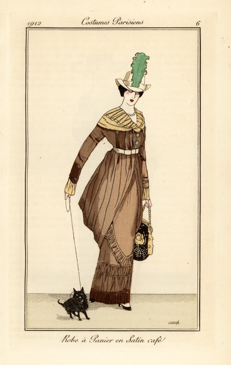 Donna in abito panier in raso color caffè con cane da compagnia, incisione dal Journal des Dames et des Modes di Tommaso Antongini, Aux Bureaux du Journal des Dames, Parigi da Francesc Xavier Gosé