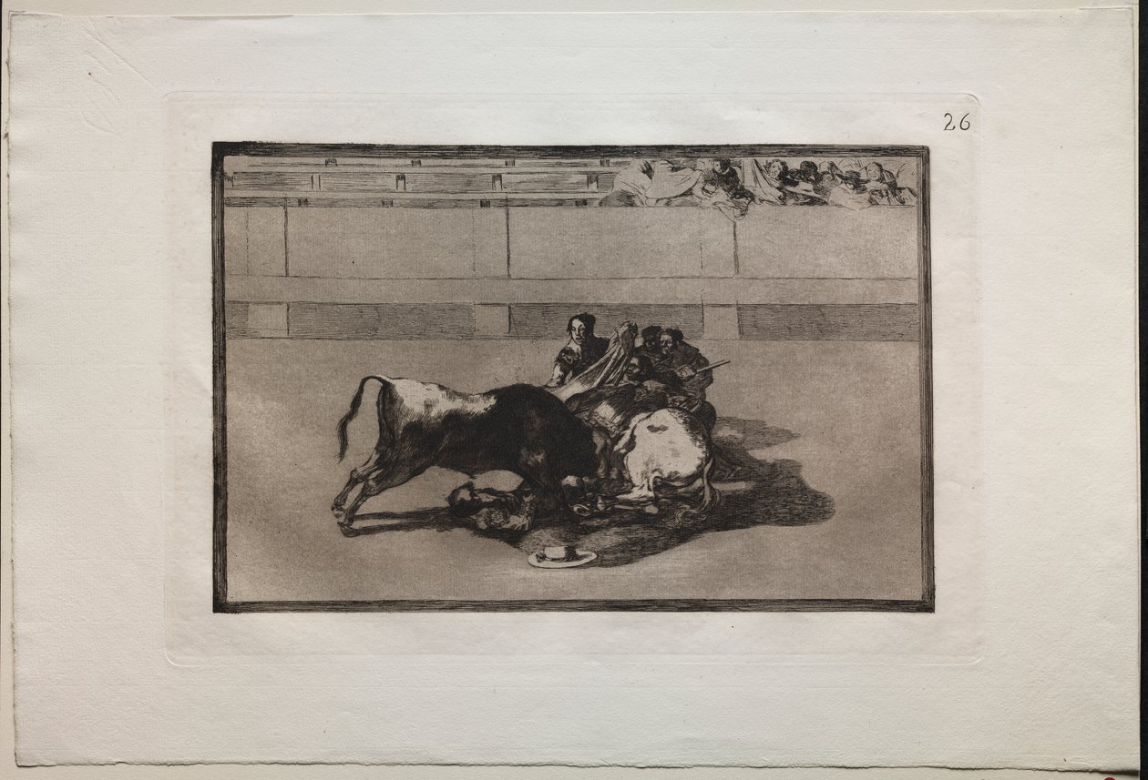 Corride: Un picador è disarcionato e cade sotto il toro da Francisco de Goya