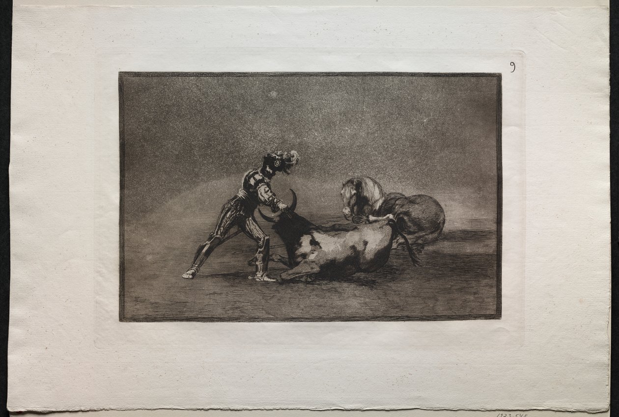 Corride: Un cavaliere spagnolo uccide il toro dopo aver perso il cavallo da Francisco de Goya