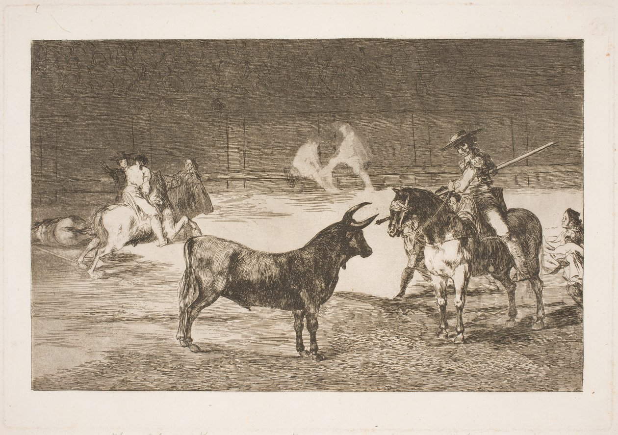 Il celebre picador, Fernando del Toro, provoca il toro infuriato con la sua lancia da Francisco de Goya