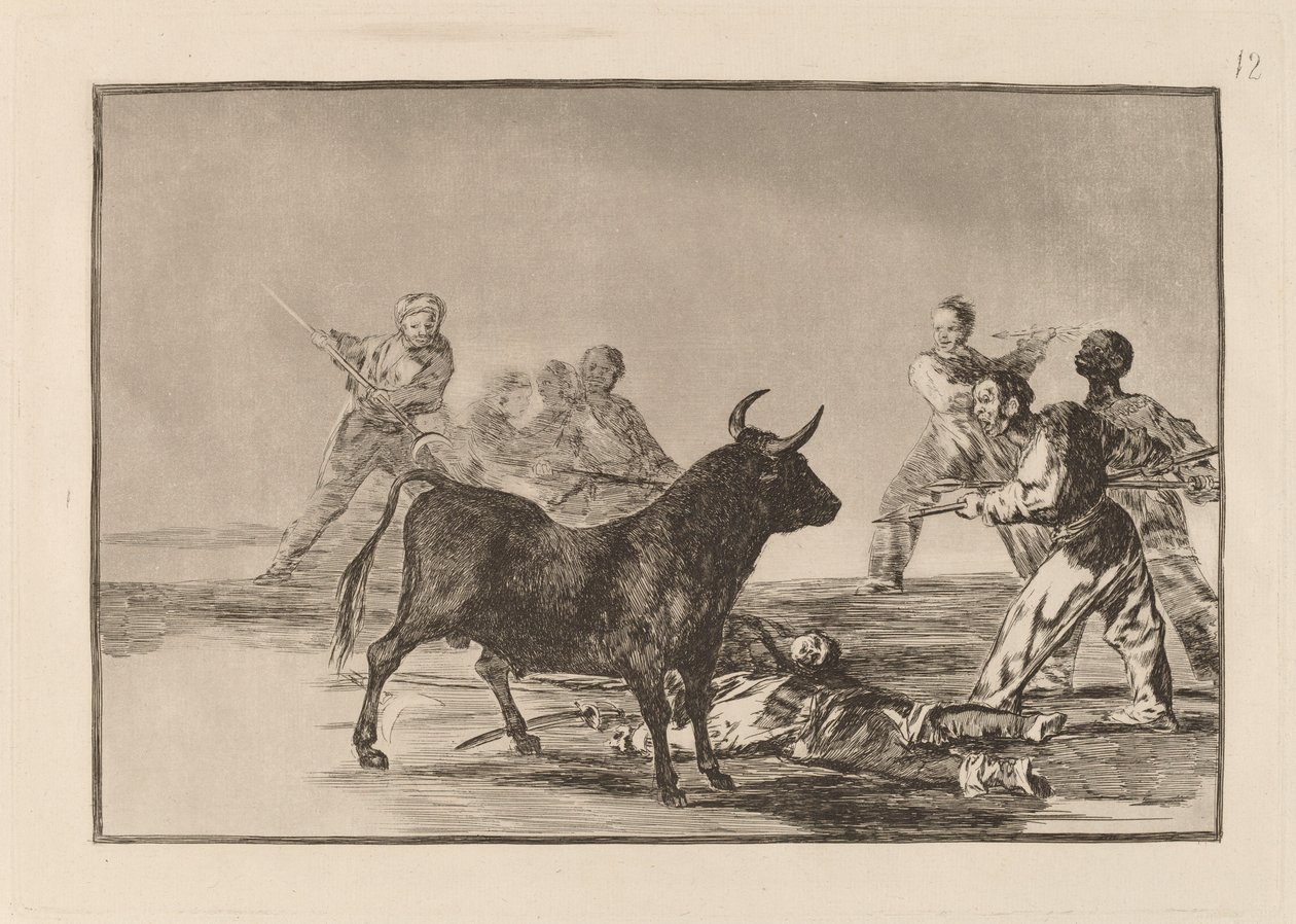 La plebaglia azzoppa il toro con lance, falci, banderillas e altre armi da Francisco de Goya
