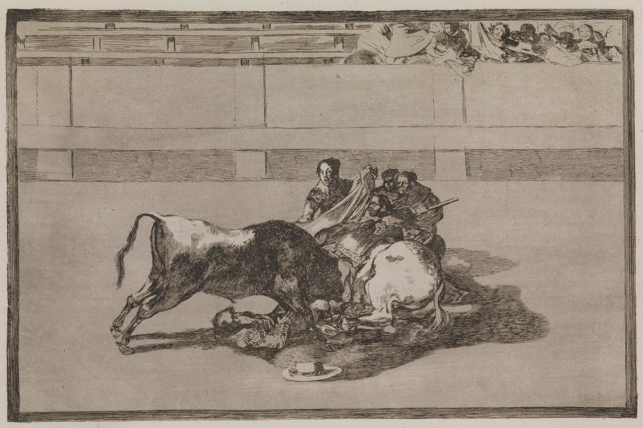 Un picador viene disarcionato e cade sotto il toro da Francisco de Goya
