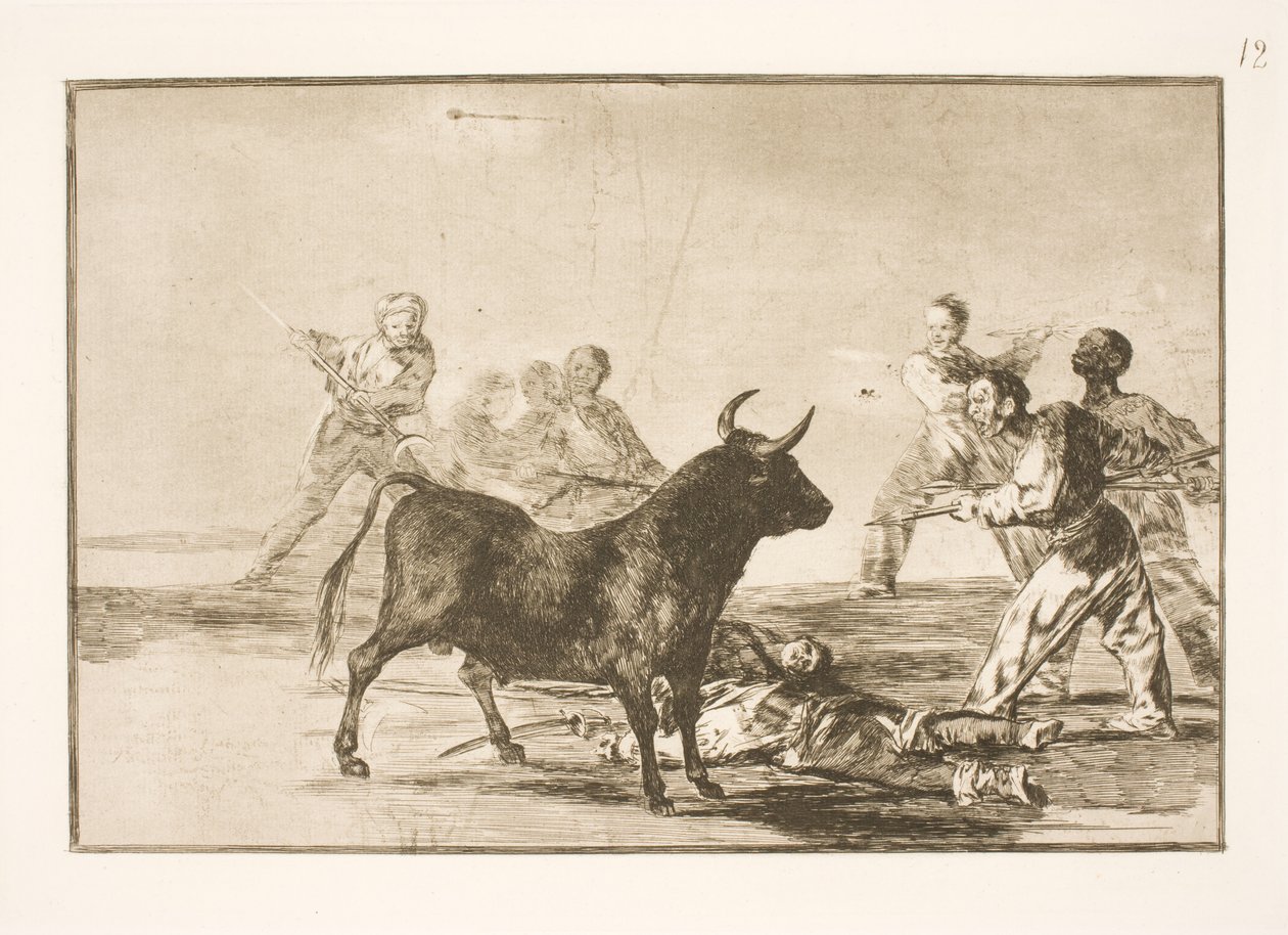 Il popolo ferisce il toro con lance, falci, banderillas e altre armi da Francisco de Goya