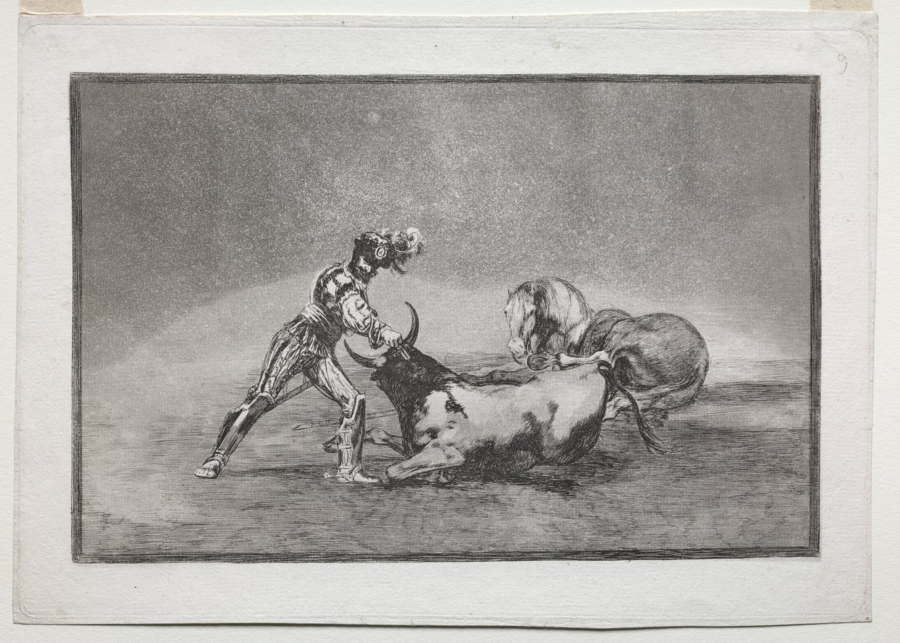La Tauramaquia: Un cavaliere spagnolo uccide il toro dopo aver perso il cavallo da Francisco de Goya