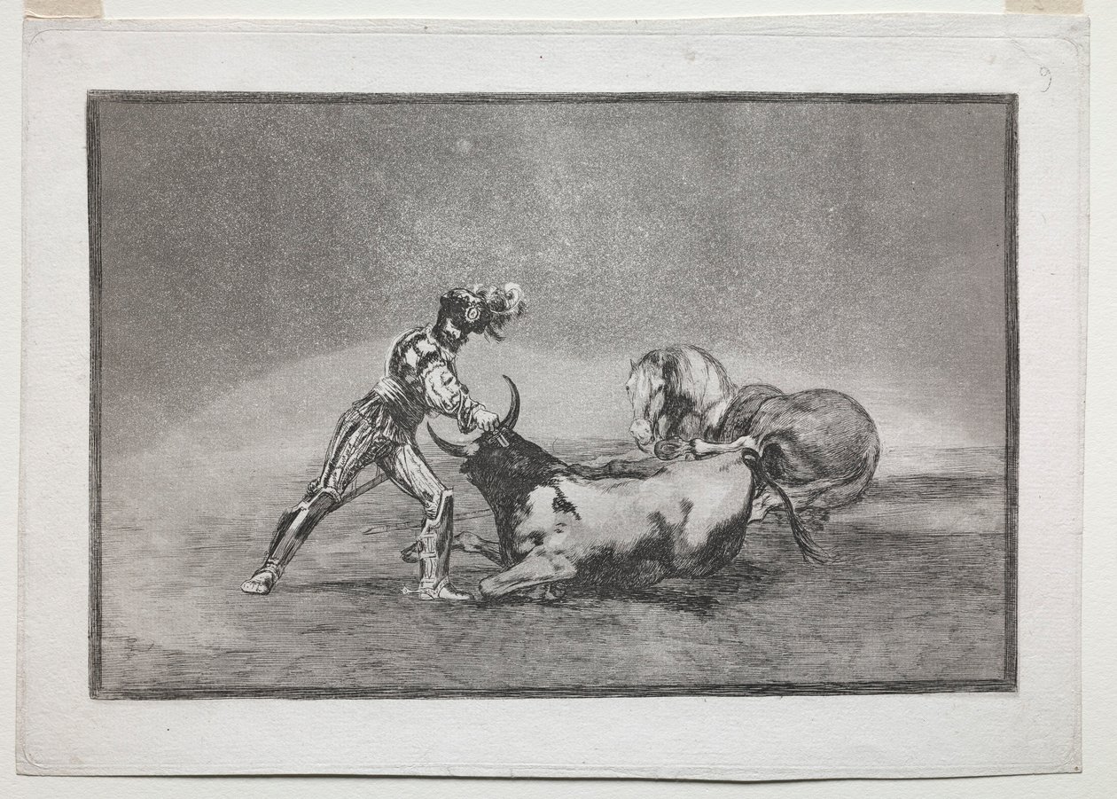 La Tauramaquia: Un cavaliere spagnolo uccide il toro dopo aver perso il cavallo da Francisco de Goya