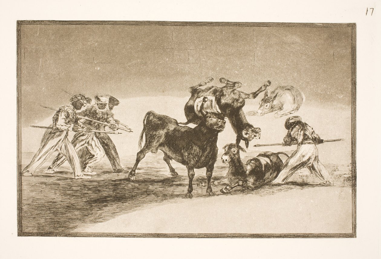 I Mori usano gli asini come barriera per difendersi dal toro, le cui corna sono state dotate di sfere da Francisco de Goya