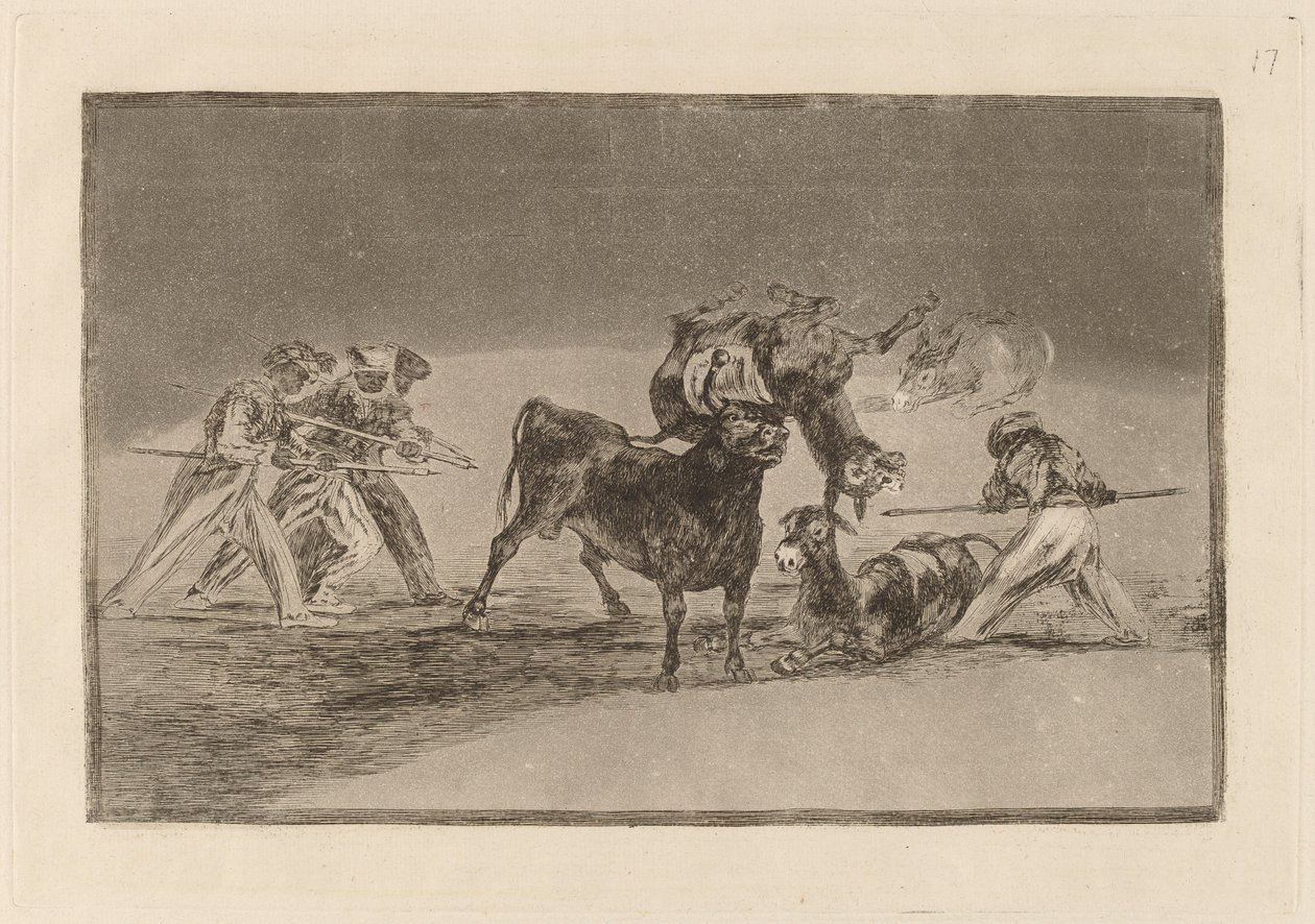 I Mori usano gli asini come barriera per difendersi dal toro con le corna coperte di sfere da Francisco de Goya