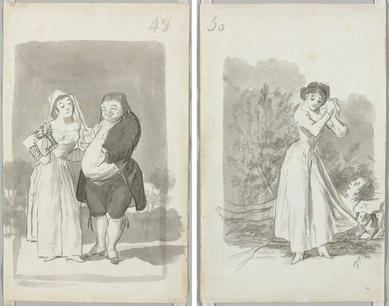 Prostituta che sollecita un uomo grasso e brutto (recto); Giovane donna che si torce le mani sul corpo nudo di un uomo (verso) da Francisco de Goya