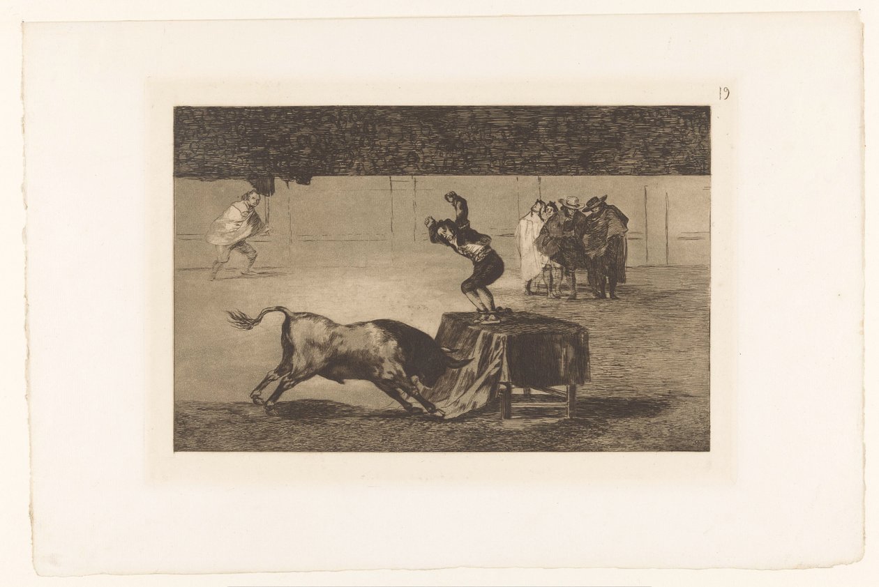 Stierenvechter staand op een tafel in de arena da Francisco de Goya