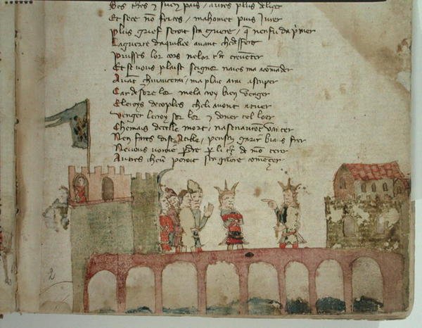 Ms Est 27 W 8.17 f.2r Un incontro su un ponte, da La guerra di Attila di Nicola da Casola da Franco Italian School