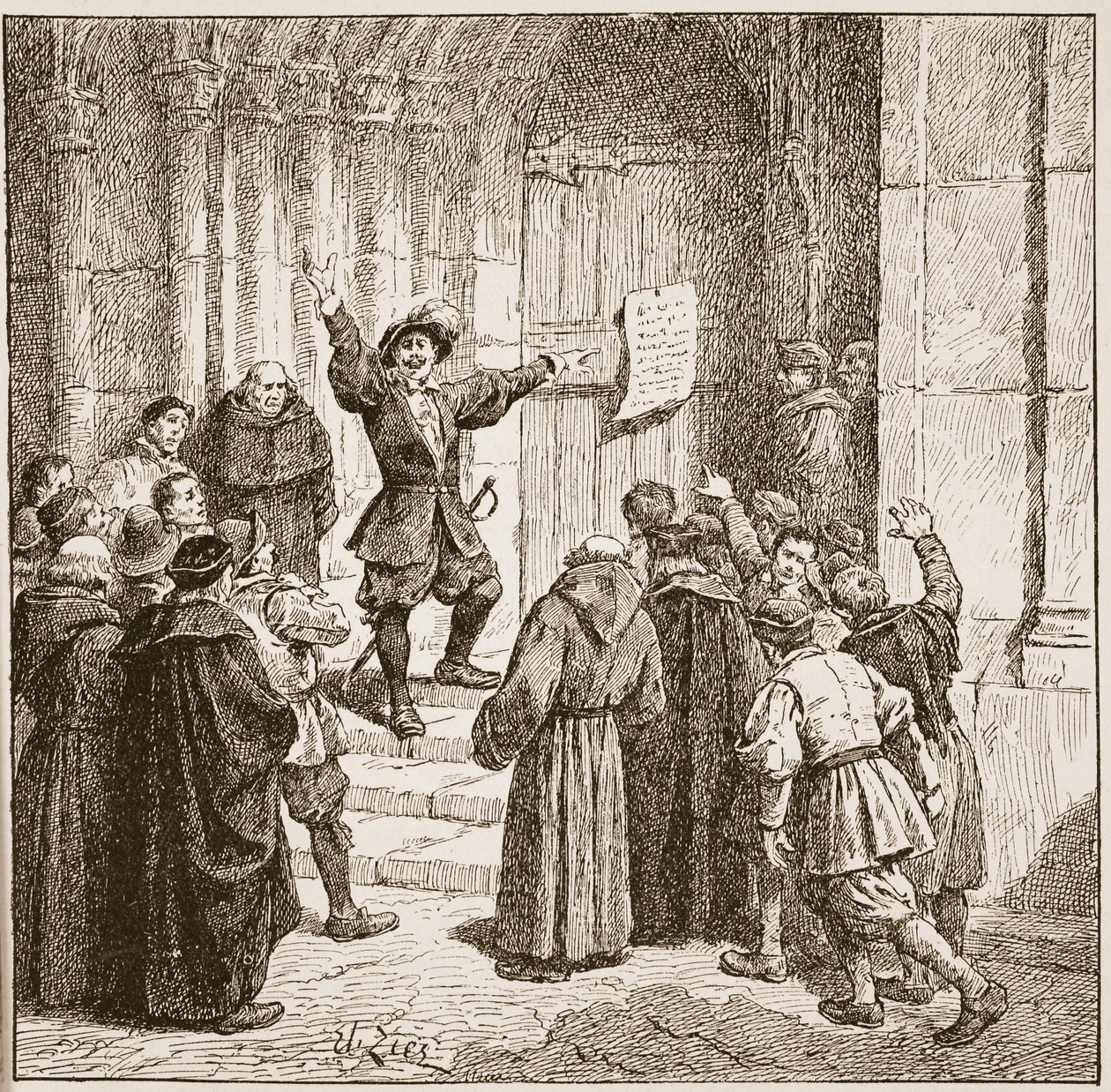 Aske che affigge il suo proclama alla porta della Cattedrale di York, illustrazione da 