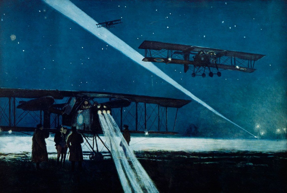 Ritorno da un volo notturno su aerei Voisin da bombardamento da Francois Flameng