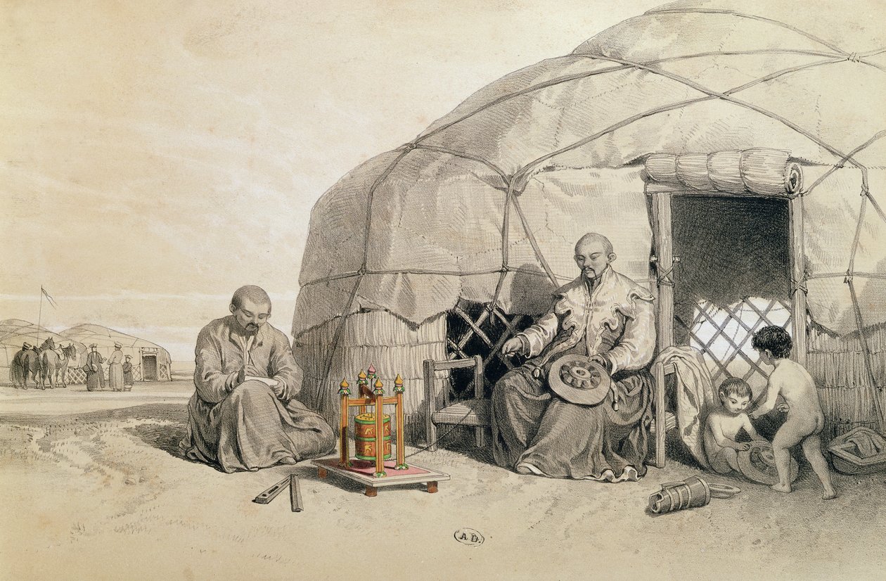 Kalmuks con una ruota di preghiera, Siberia, illustrazione da 