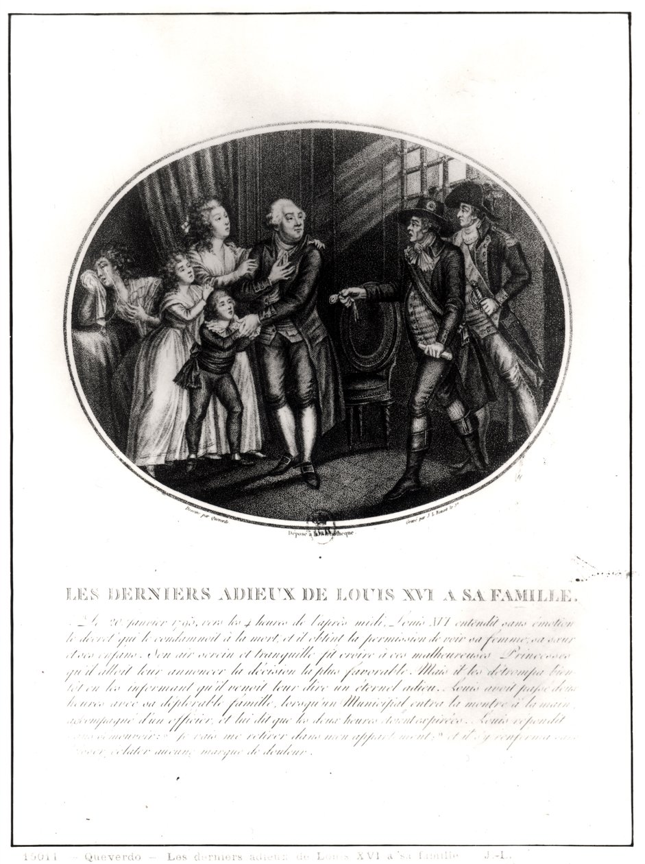 Gli ultimi addii di Luigi XVI (1754-93) alla sua famiglia, 20 gennaio 1793, inciso da J. L. Benoist (fl.1800-40) da Francois Maria Isidore Queverdo