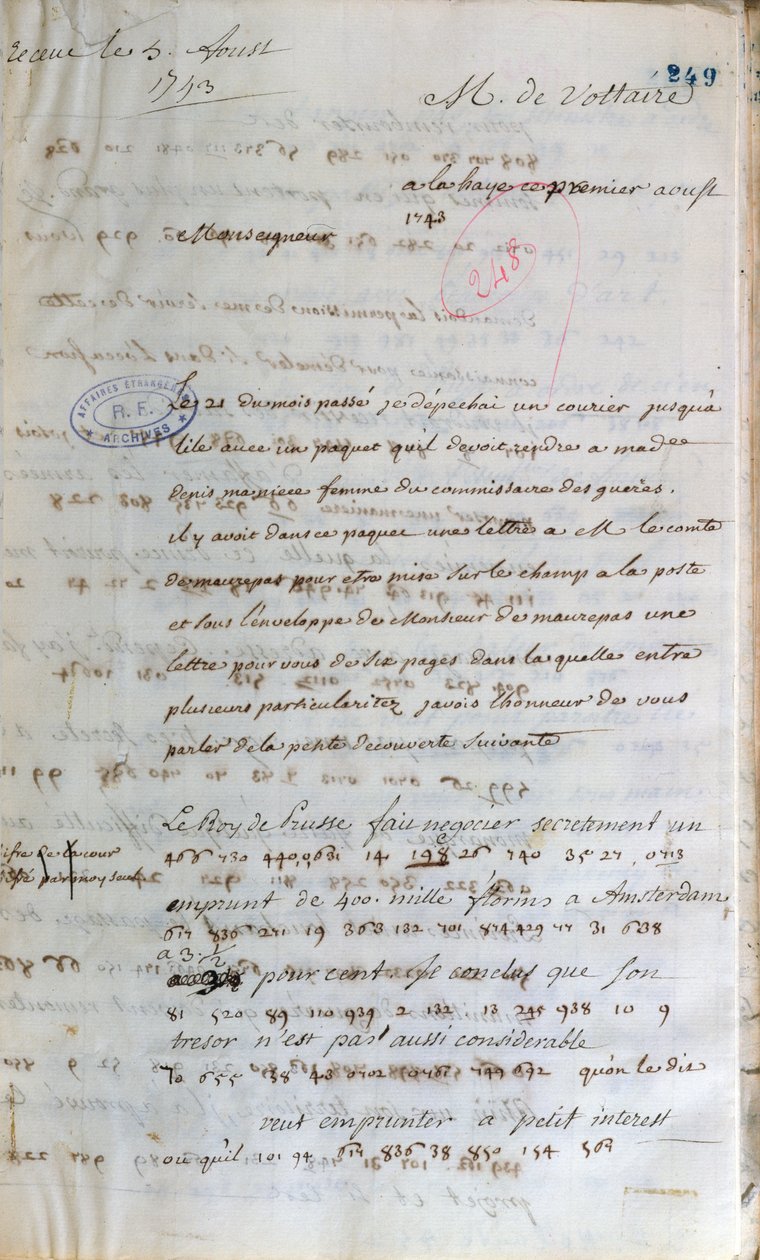 Lettera scritta da Voltaire mentre lavorava come agente segreto all
