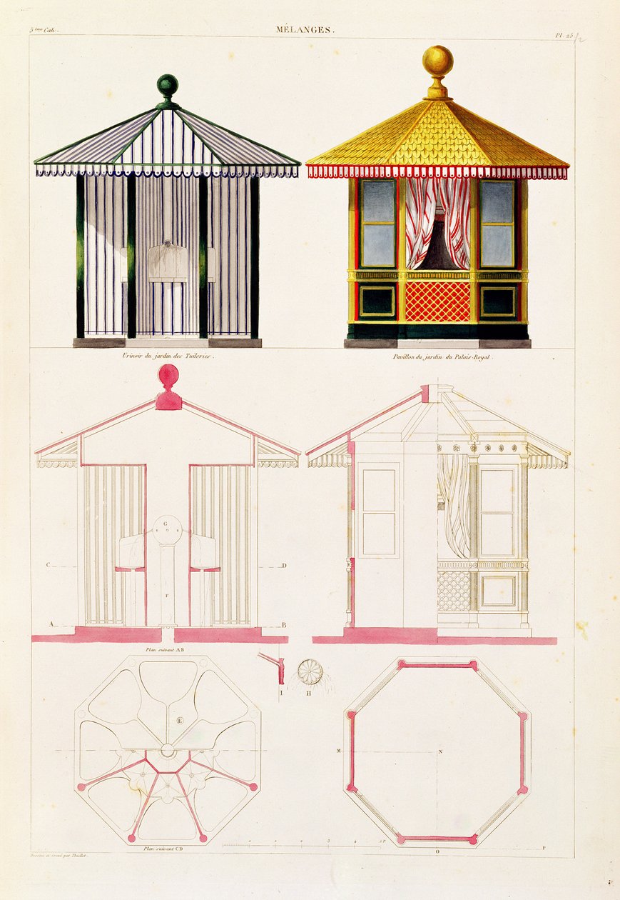Progetto per un orinatoio e padiglione, tavola 25 da Nouveau Recueil de Menuiserie et de Decorations interieures, 1837 da Francois Thiollet