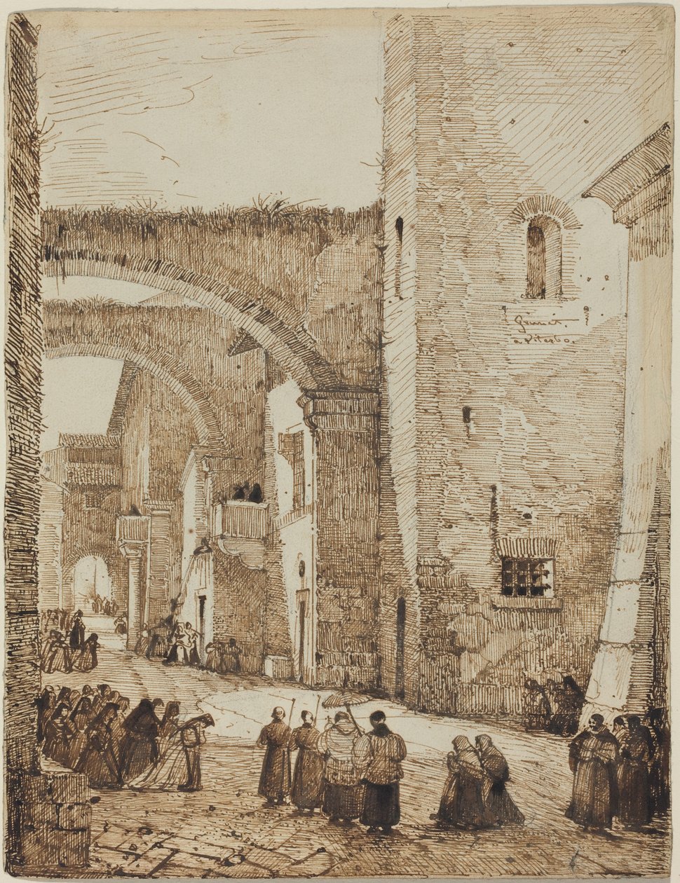 Un prete in processione per una strada medievale a Viterbo da Francois-Marius Granet